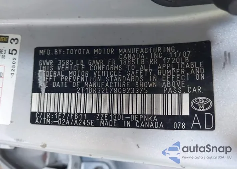 2008 Toyota Corolla Le from USA, damaged, VIN 2T1BR32E78C923375